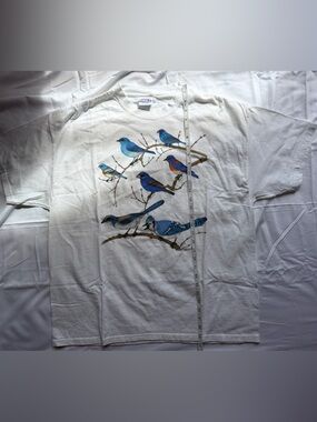 Hanes White T-Shirt with Blue and Orange Bird Graphic